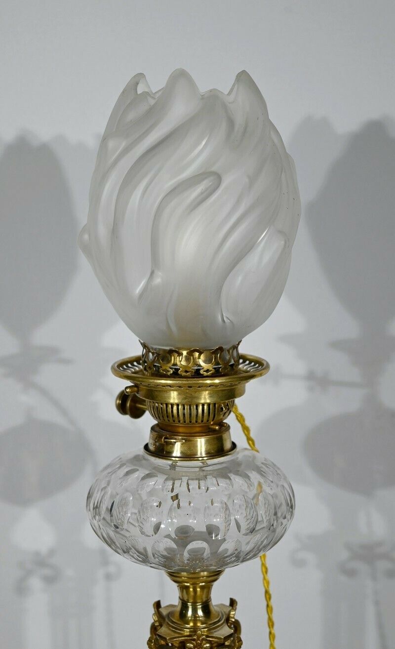 Important Electrified Oil Lamp In Brass And Onyx   Late 19th Century photo vinterior