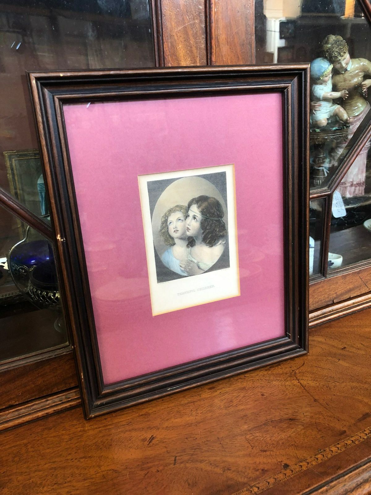 Thankful Children T Uwins Sangster Hand Coloured Antique Engraving Sisters In Dark Pink Mount T1 photo for sale