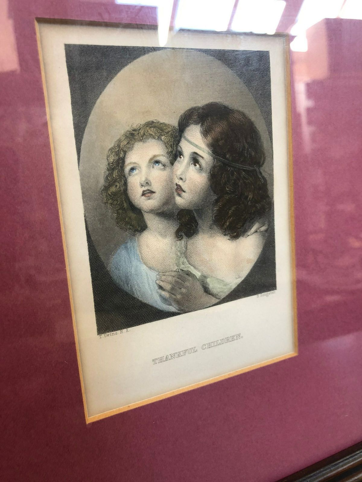 Thankful Children T Uwins Sangster Hand Coloured Antique Engraving Sisters In Dark Pink Mount T1 photo buy