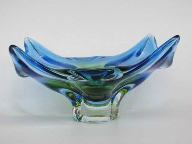 Vintage Chribska Sommerso Art Glass Bowl Blue And Acid Green 70s photo vinterior
