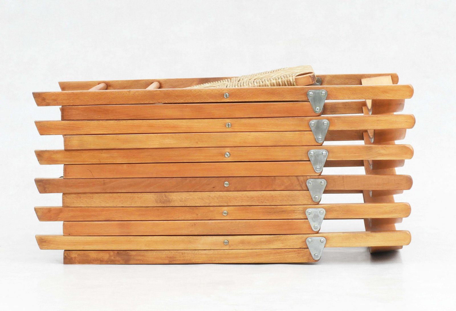 photo furniture Vintage Beech Folding Chairs With Woven Paper Cord Seats C1970s France, Set Of 6