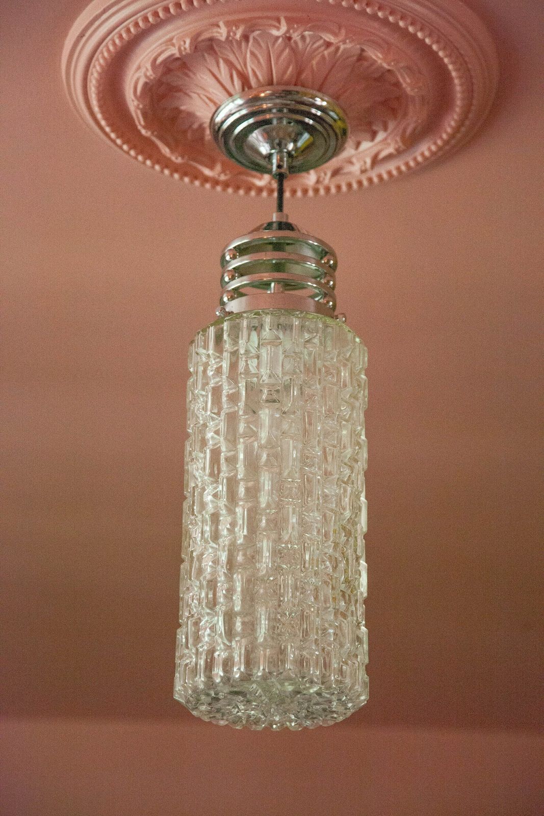Vintage Cylindrical Glass And Chrome Metal Suspension, Ceiling Lamp, Interior Decoration, Pendant Light photo vintage
