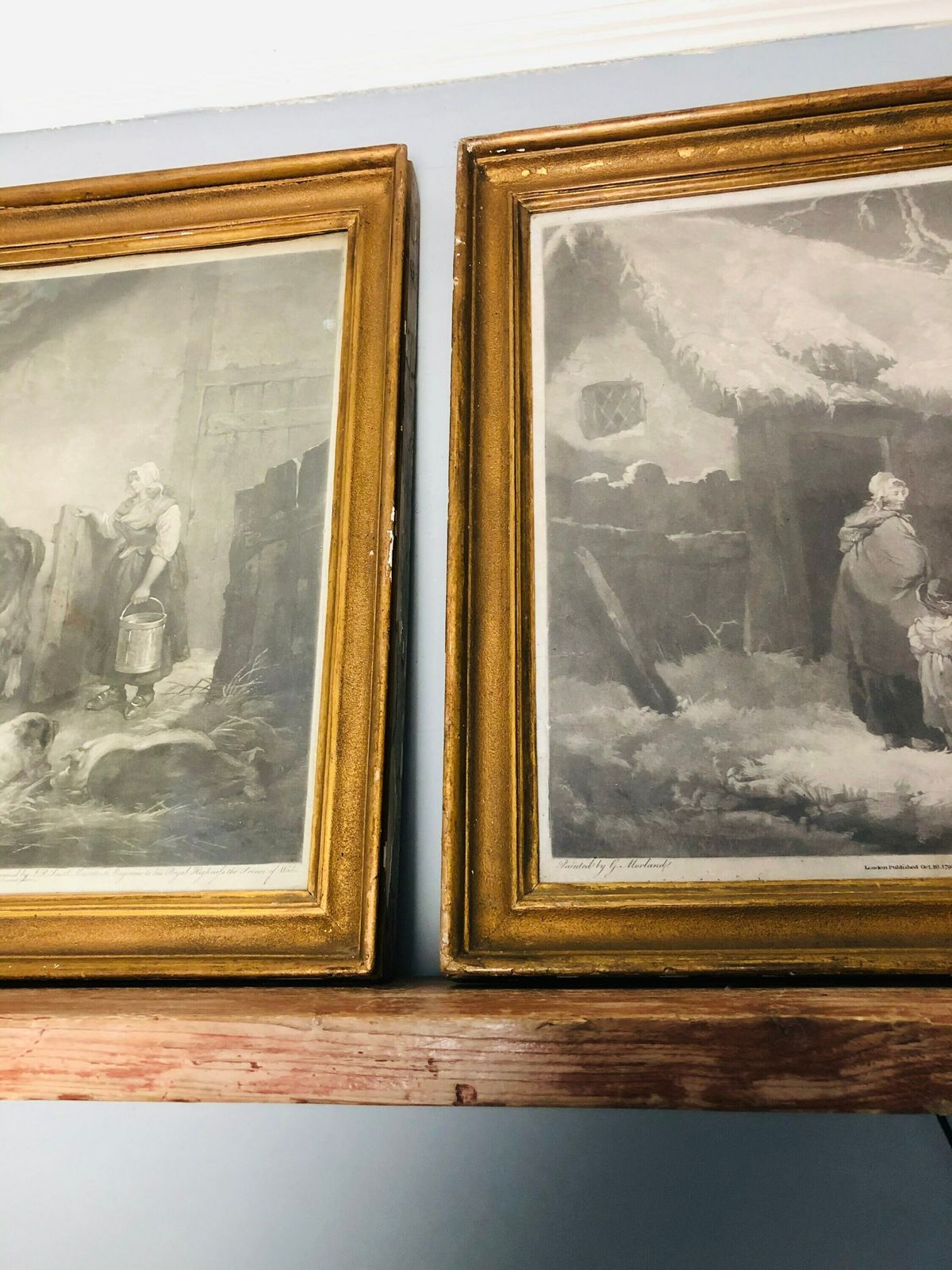 Huge Amazing Rare Pair Of George Morland John Raphael Smith Mezzotint Engravings Georgian Milk Maid Cow Breaking Ice (Hh) photo for sale