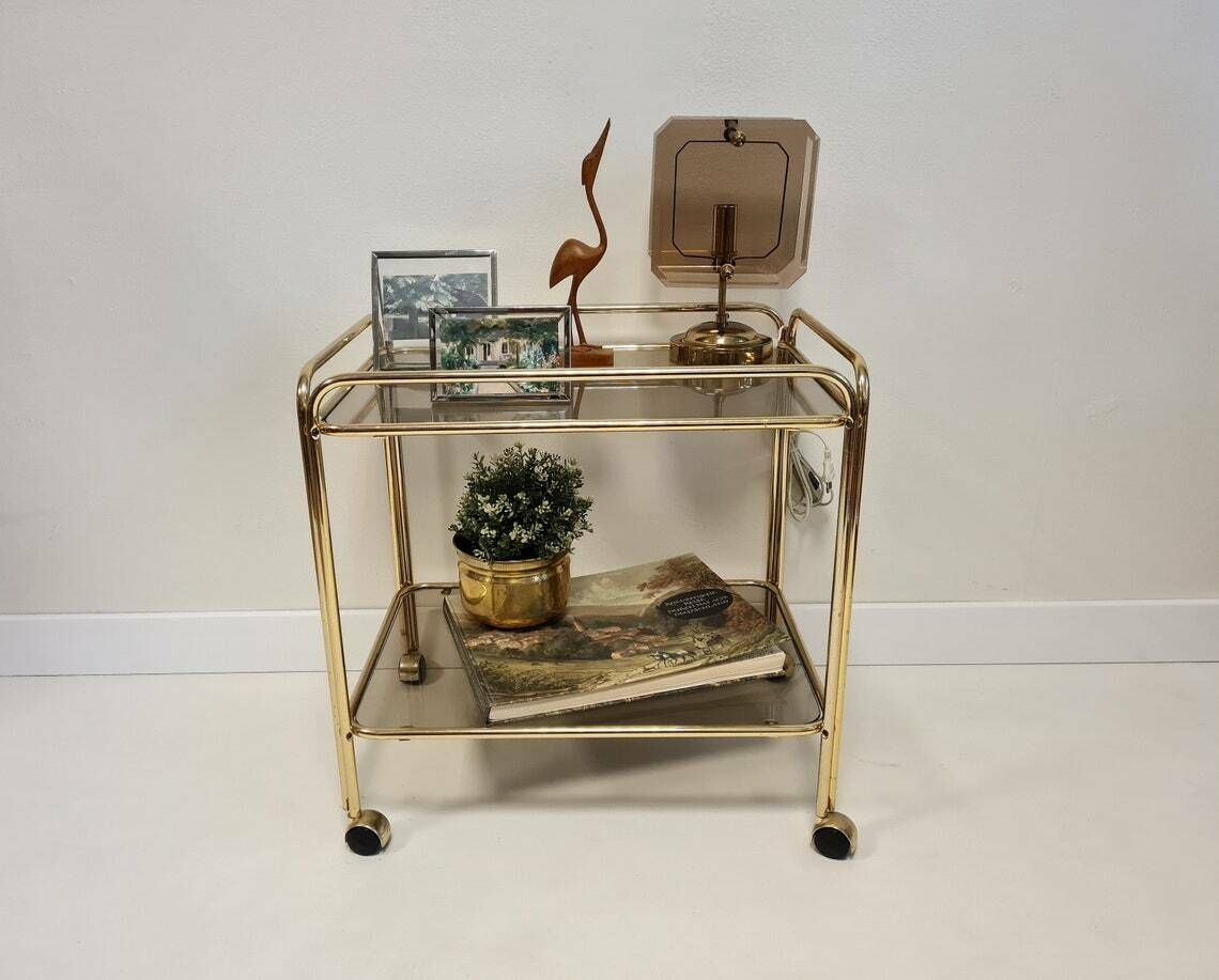Vintage Hollywood Regency Modern Brass Trolley Table With Smoked Glass