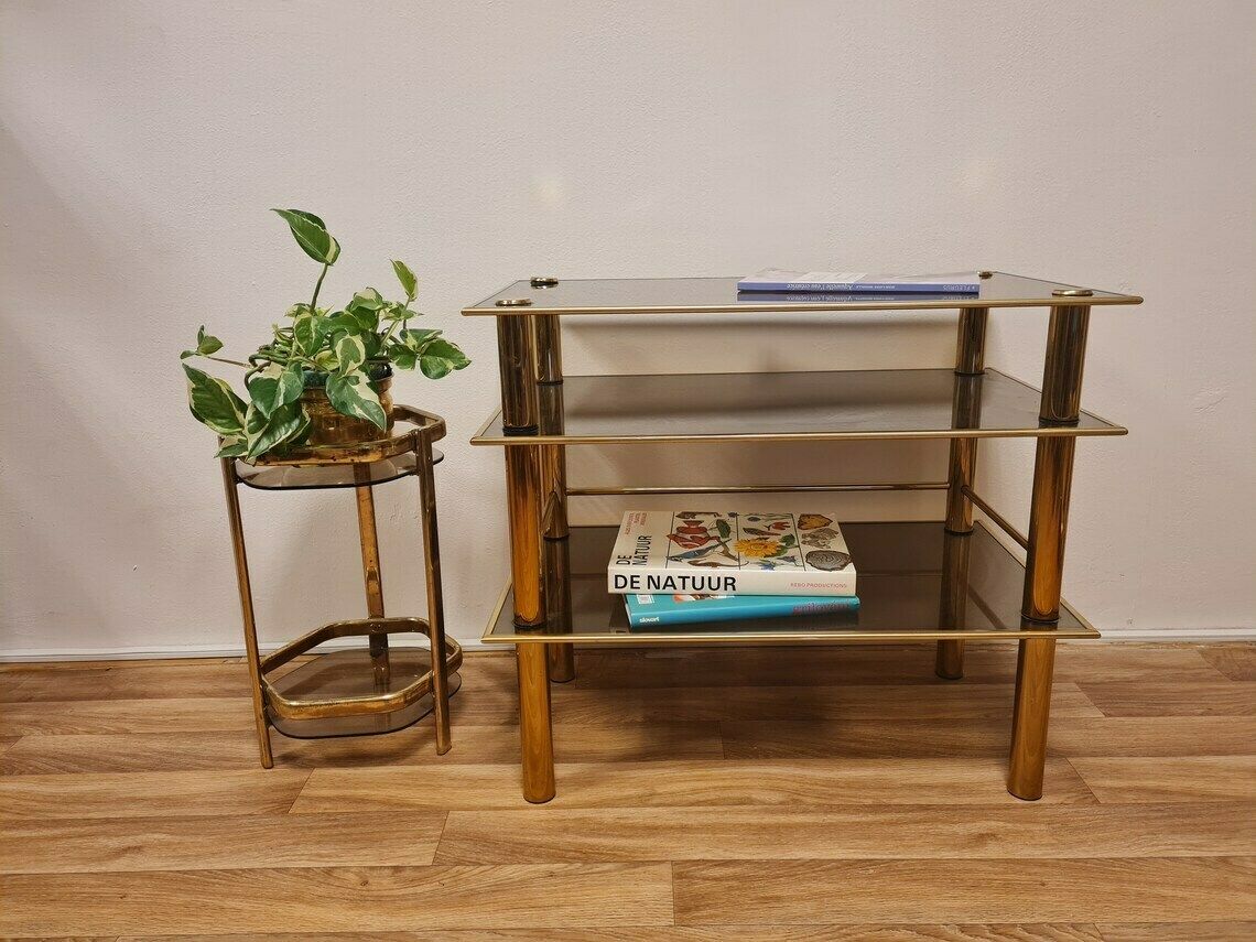 photo for sale Vintage Hollywood Regency Gold Brass Mcm Table Or Tv Stand With Tempered Glass 80s