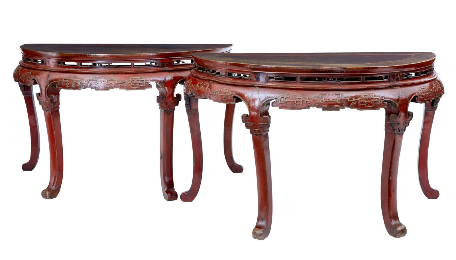 Pair Of 19th Century Red Lacquer Chinese Demi Lune Tables photo 4395.0