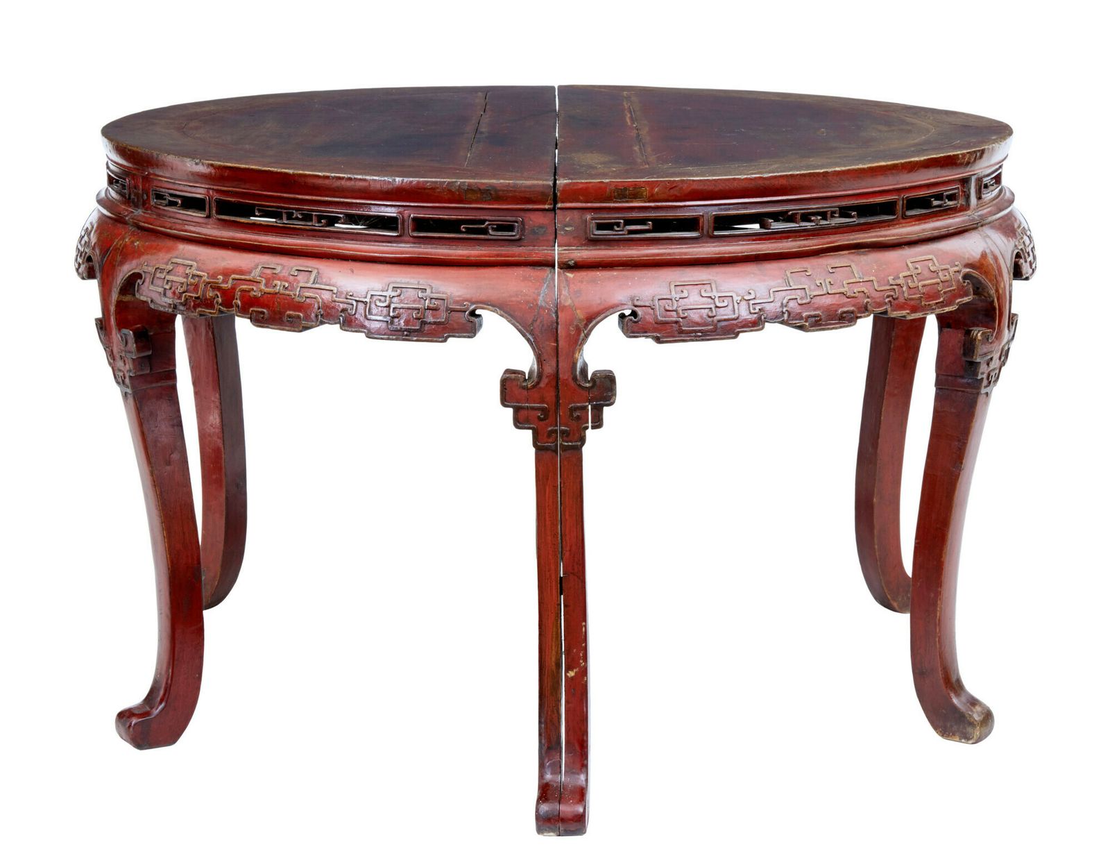 Pair Of 19th Century Red Lacquer Chinese Demi Lune Tables photo vinterior