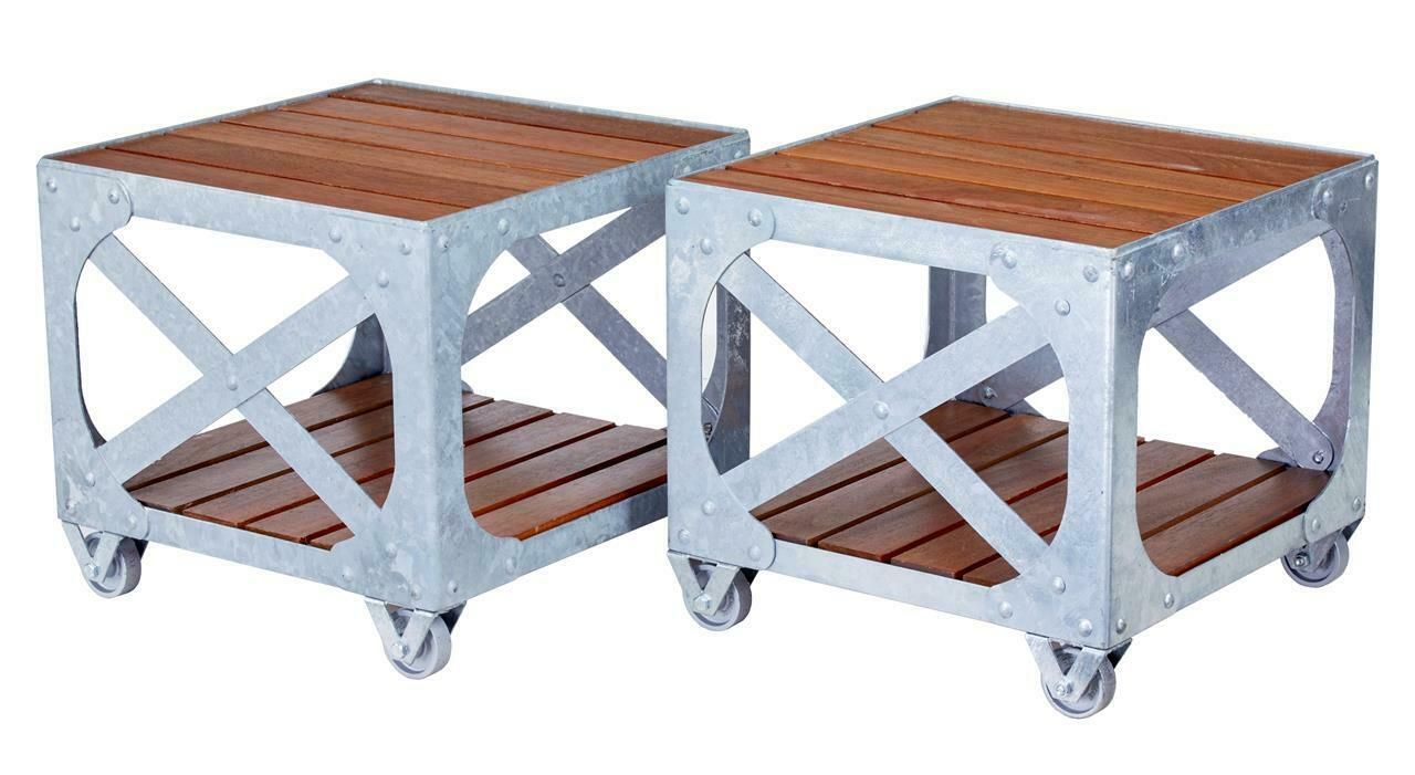 Pair Of Galvanised Steel And Teak Industrial Side Tables photo vinterior