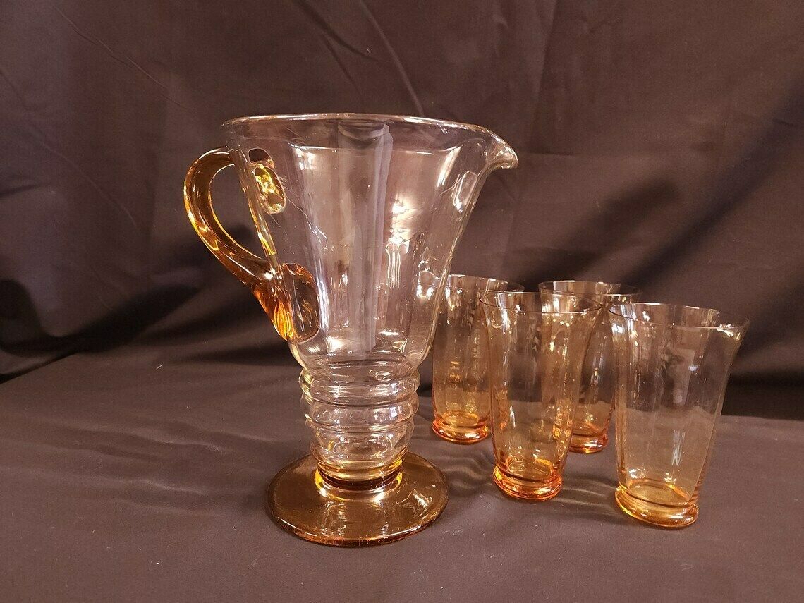 Art Deco, Possibly Whitefriars Glass, Lemonade Jug And 4 Tumblers
