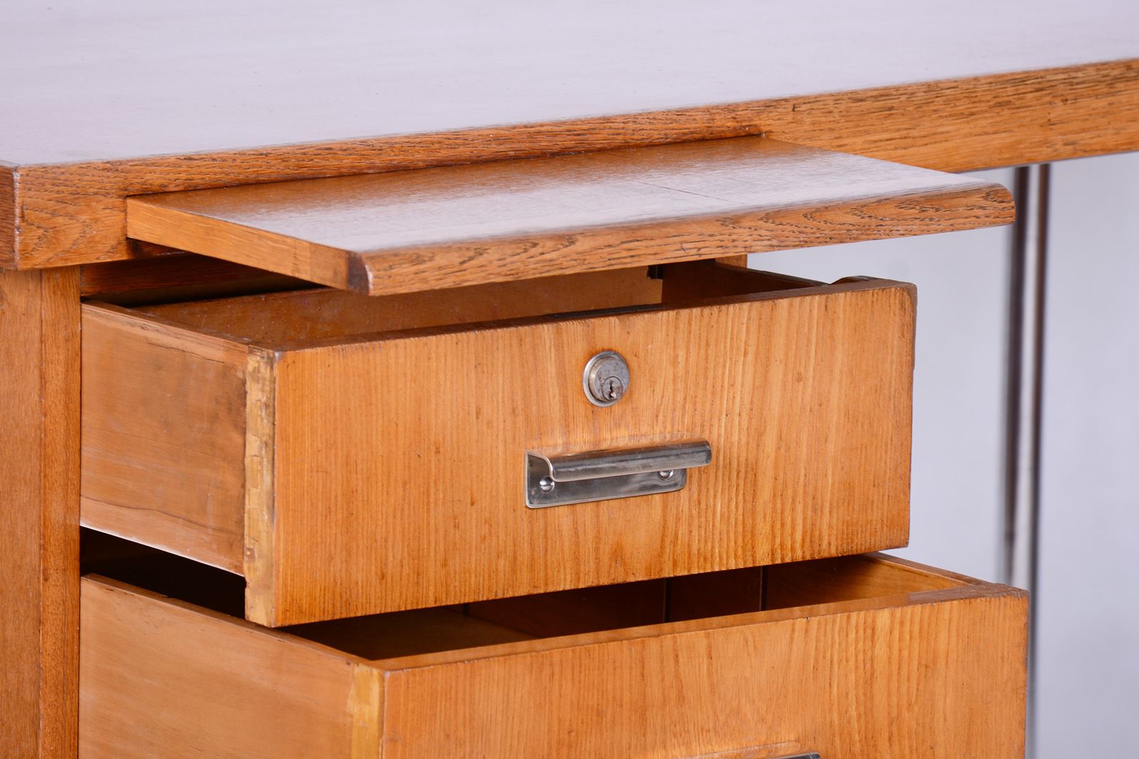 Restored Bauhaus Oak Writing Desk, Hynek Gottwald, Chrome, Czechia, 1930s photo furniture