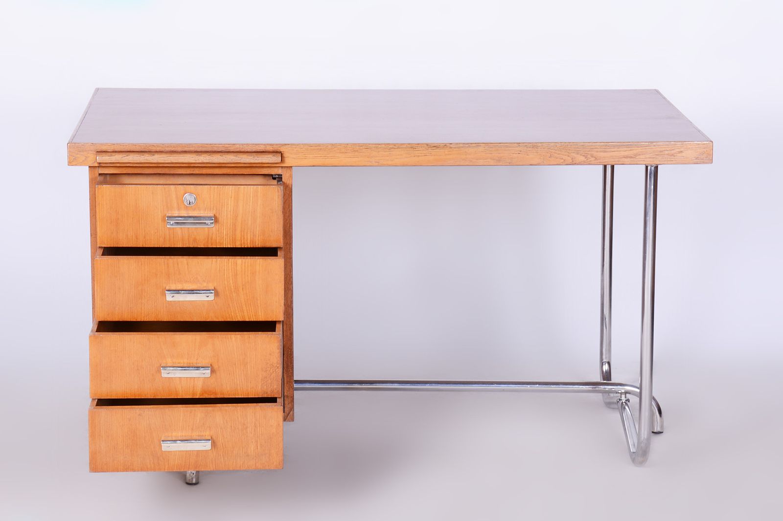 Restored Bauhaus Oak Writing Desk, Hynek Gottwald, Chrome, Czechia, 1930s photo Furniture