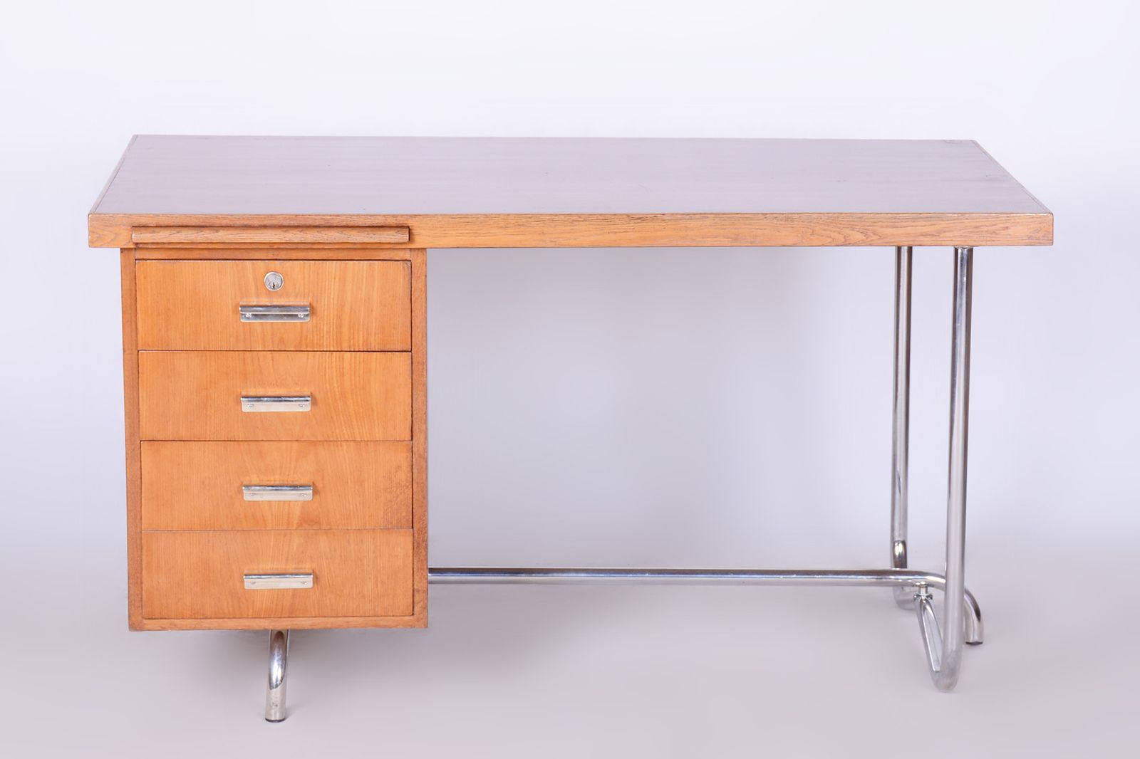 Restored Bauhaus Oak Writing Desk, Hynek Gottwald, Chrome, Czechia, 1930s photo 3500.0