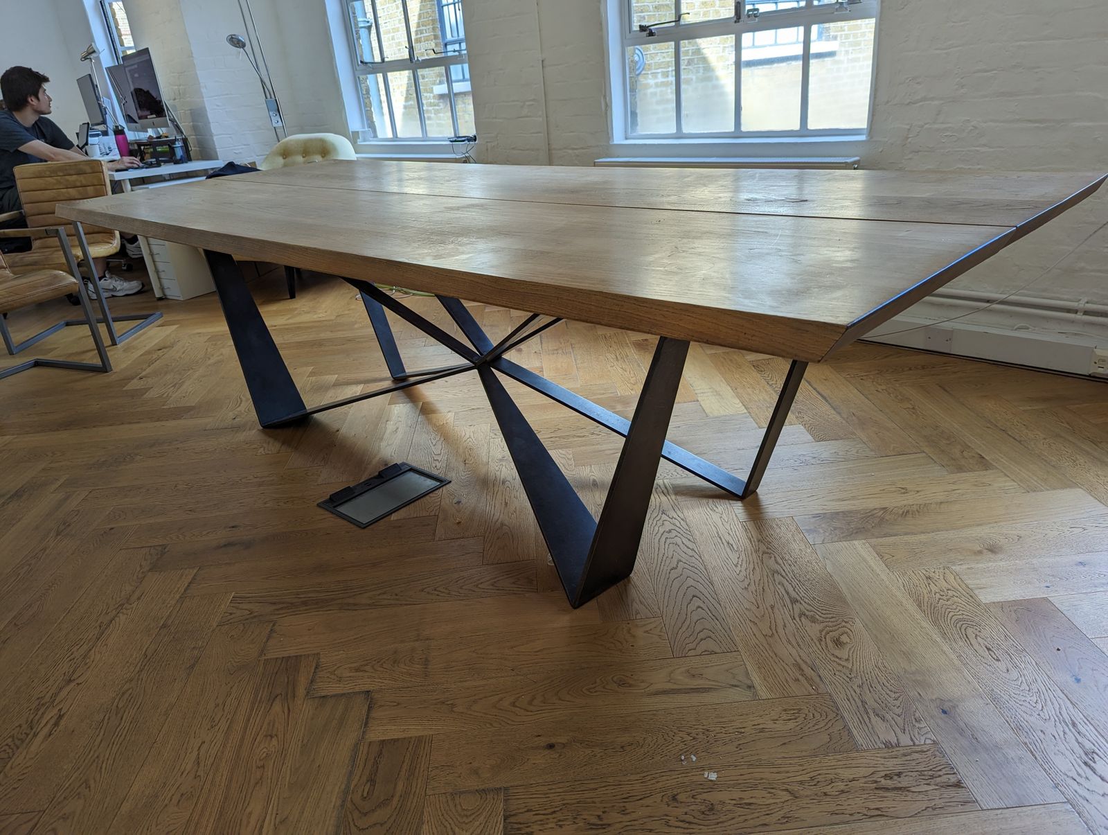 Beautiful Solid Oak Large Bespoke Table With Steel Base. Beautifully Crafted & Impactful. With A Set Of 8 Leather And Metal Dining Chairs photo furniture