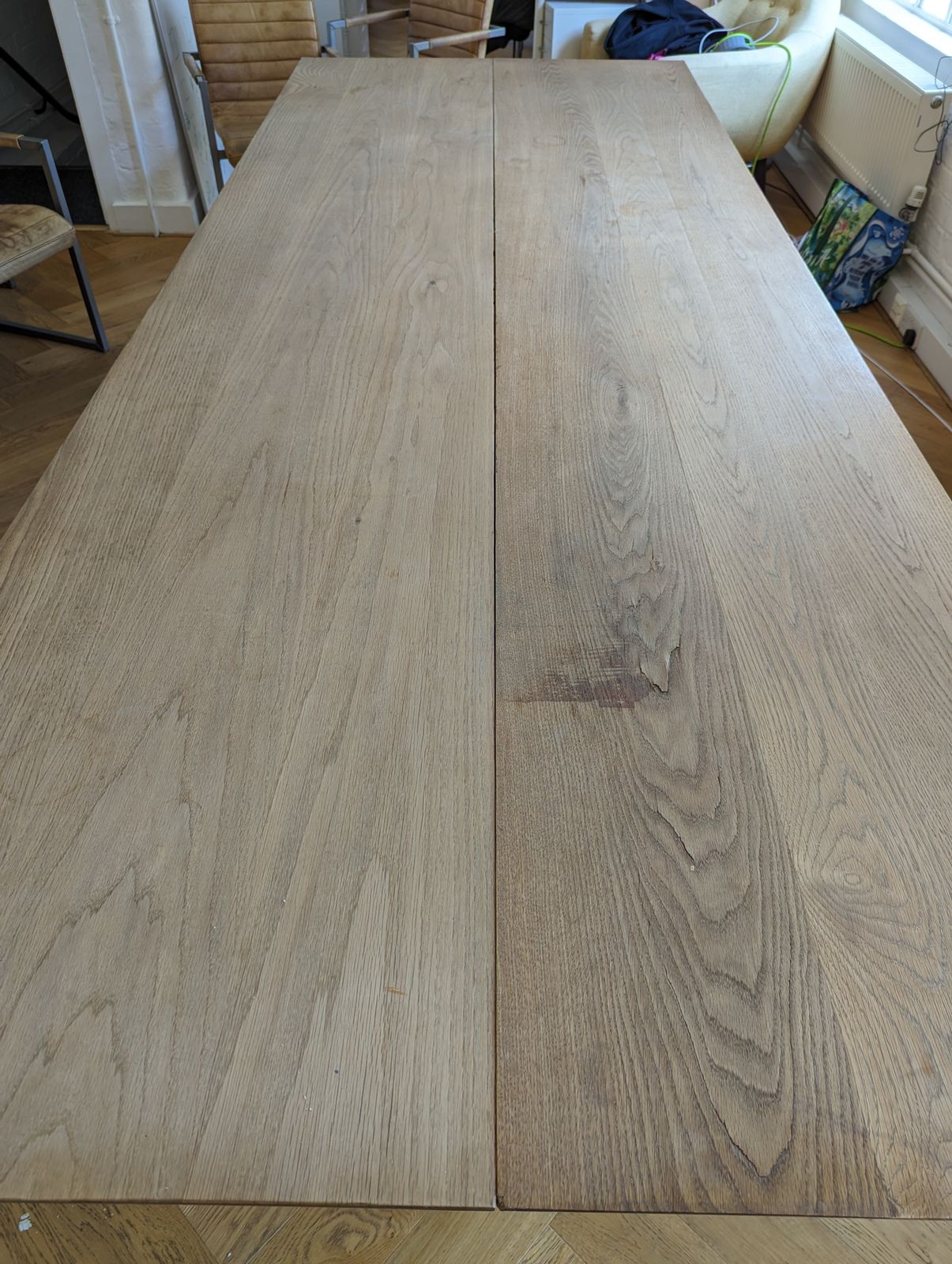 Beautiful Solid Oak Large Bespoke Table With Steel Base. Beautifully Crafted & Impactful. With A Set Of 8 Leather And Metal Dining Chairs photo Furniture