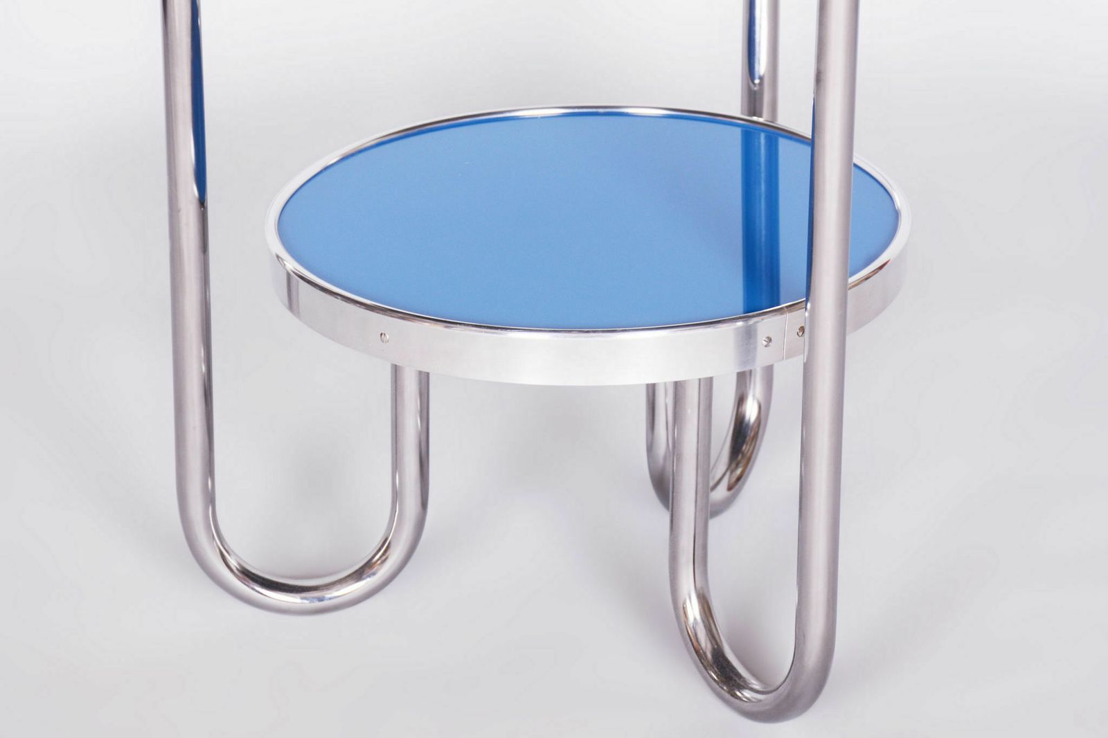 Restored Bauhaus Small Blue Table, Kovona, Chrome Plated Steel, Spruce Wood Glass, Czechia, 1930s photo vinterior