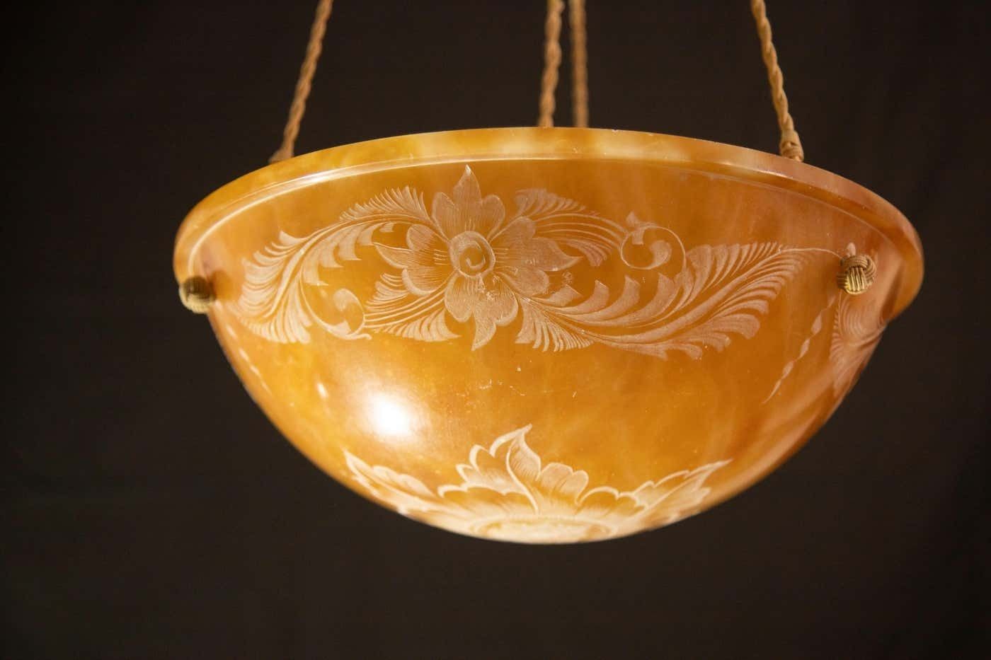 Antique Art Decò Liberty Alabaster Chandelier With Decorations, 1940s photo for sale