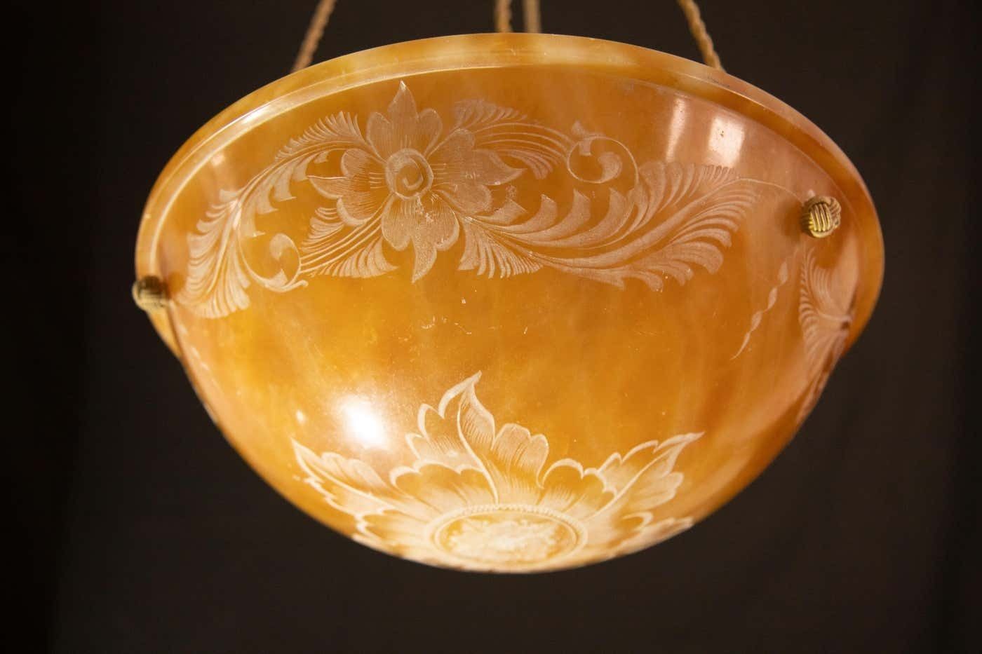 Lighting Antique Art Decò Liberty Alabaster Chandelier With Decorations, 1940s photo