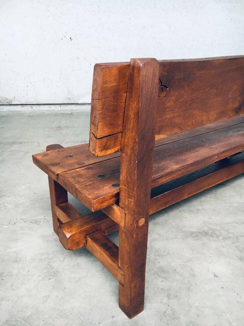 photo vintage Brutalist Design Hand Crafted Solid Oak Bench, Belgium 1960's