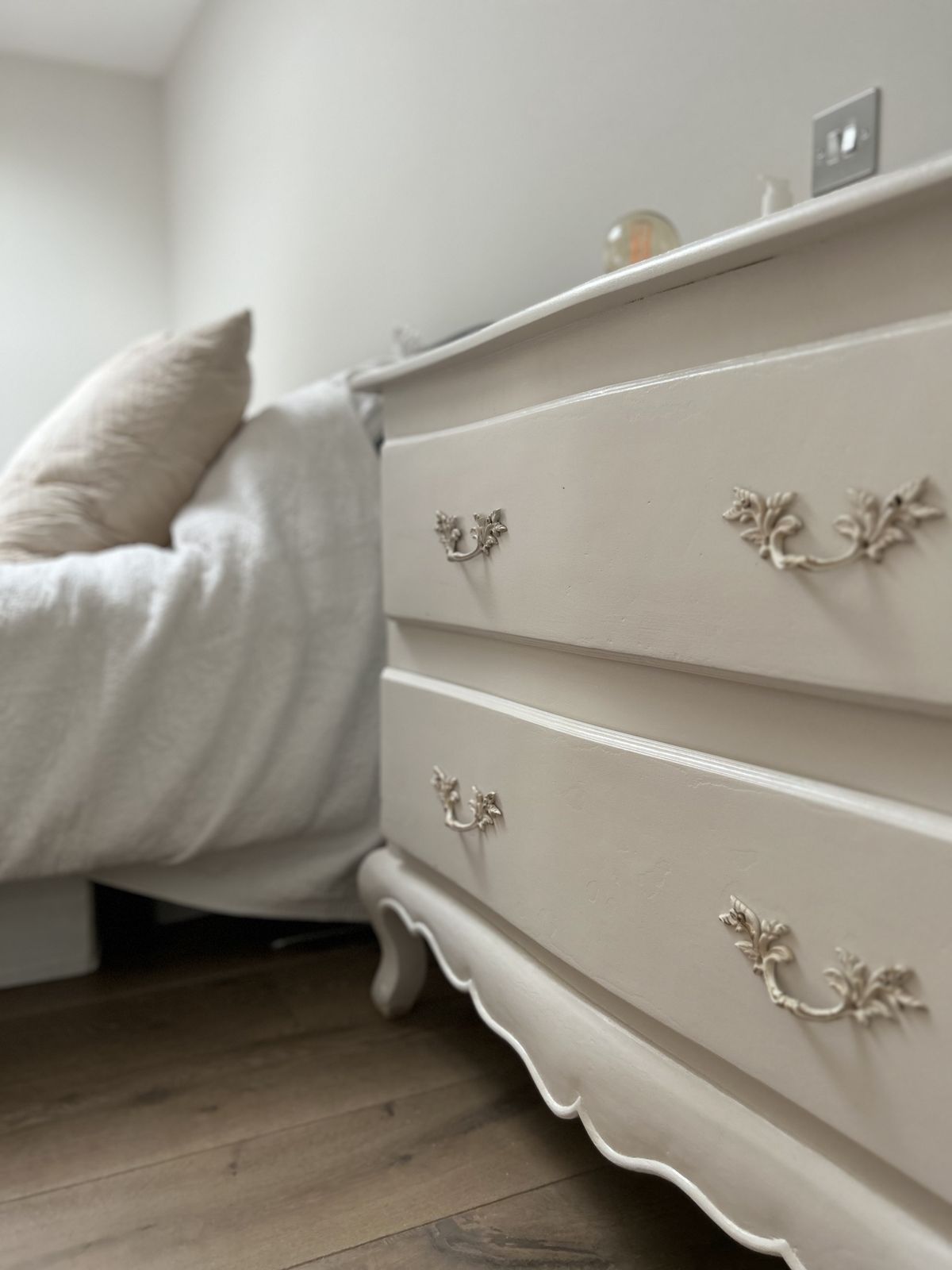 Vintage French Chest Of Drawers Set In Rolling Fog White Decorative Paint. photo vintage