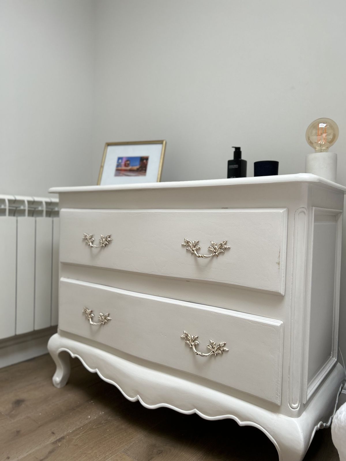 Furniture Vintage French Chest Of Drawers Set In Rolling Fog White Decorative Paint. photo