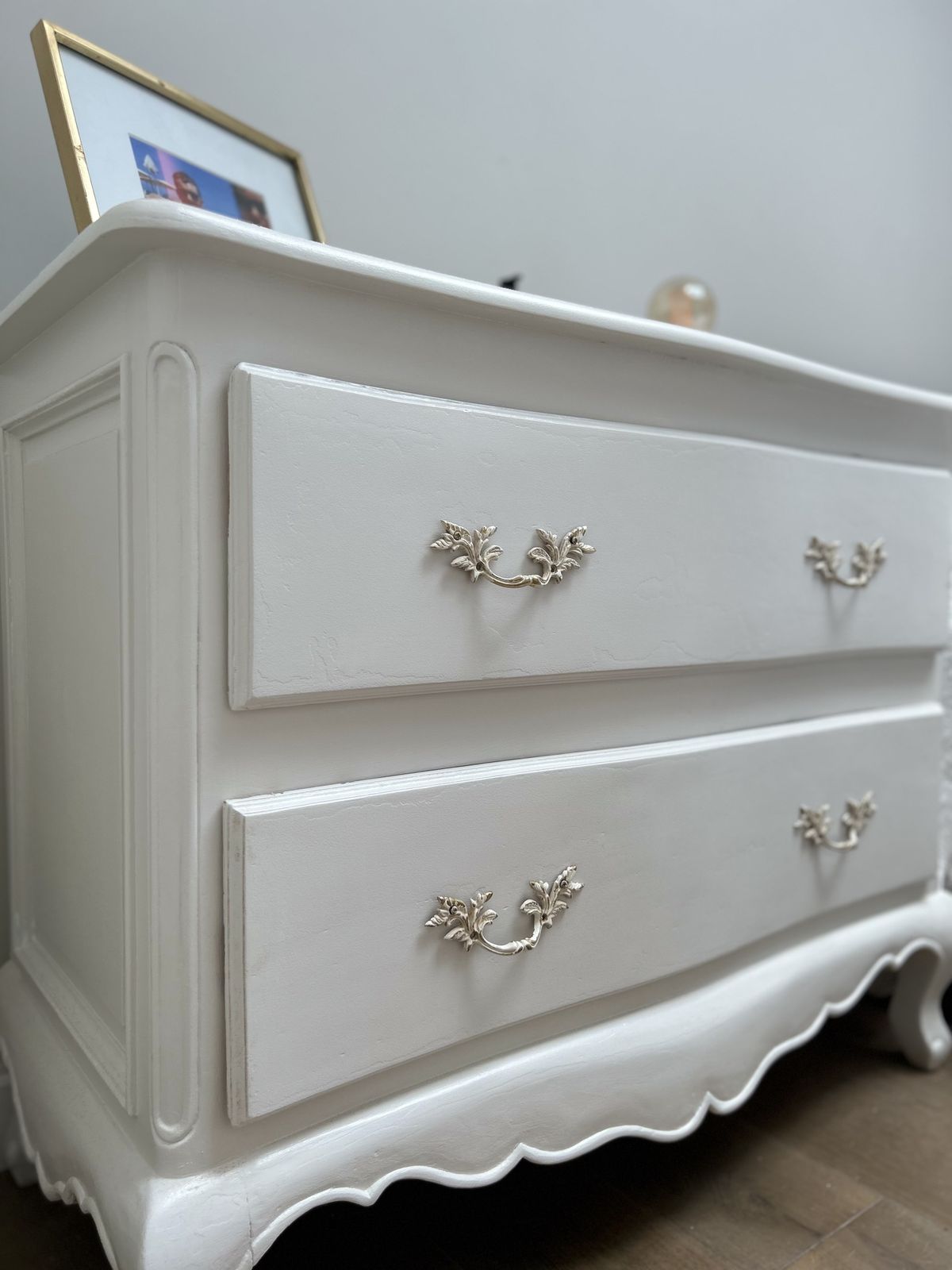 800.0 Vintage French Chest Of Drawers Set In Rolling Fog White Decorative Paint. photo
