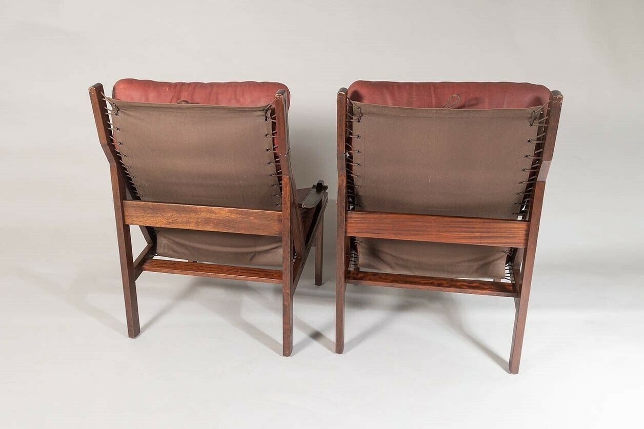 Furniture Pair Of Mid Century Torbjørn Afdal Hunter Safari High Back Leather Lounge Chairs photo