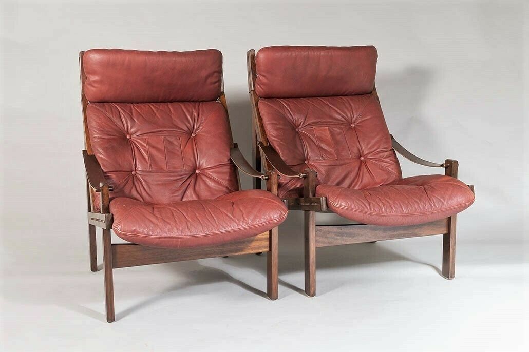 2150.0 Pair Of Mid Century Torbjørn Afdal Hunter Safari High Back Leather Lounge Chairs photo
