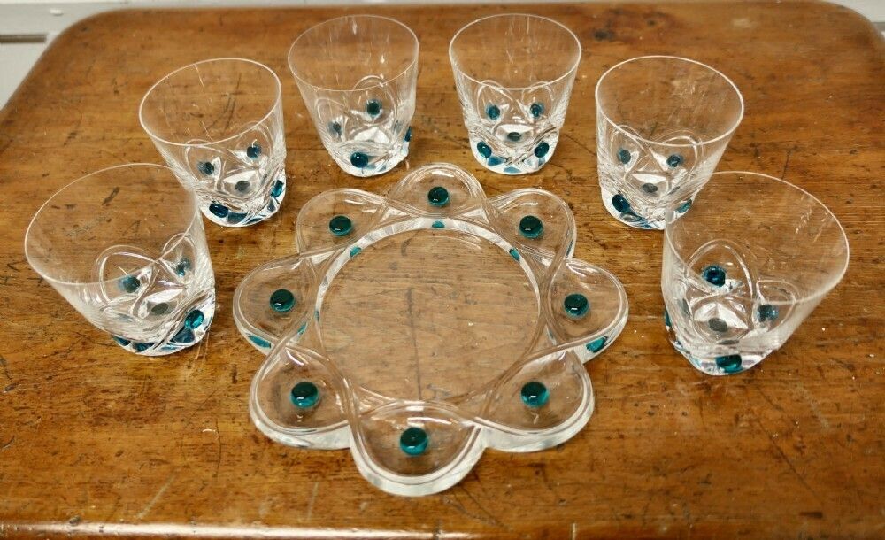 Lalique Floride Turquoise Crystal Set Of 6 Whiskey Tumblers And Assiette photo 1860.0