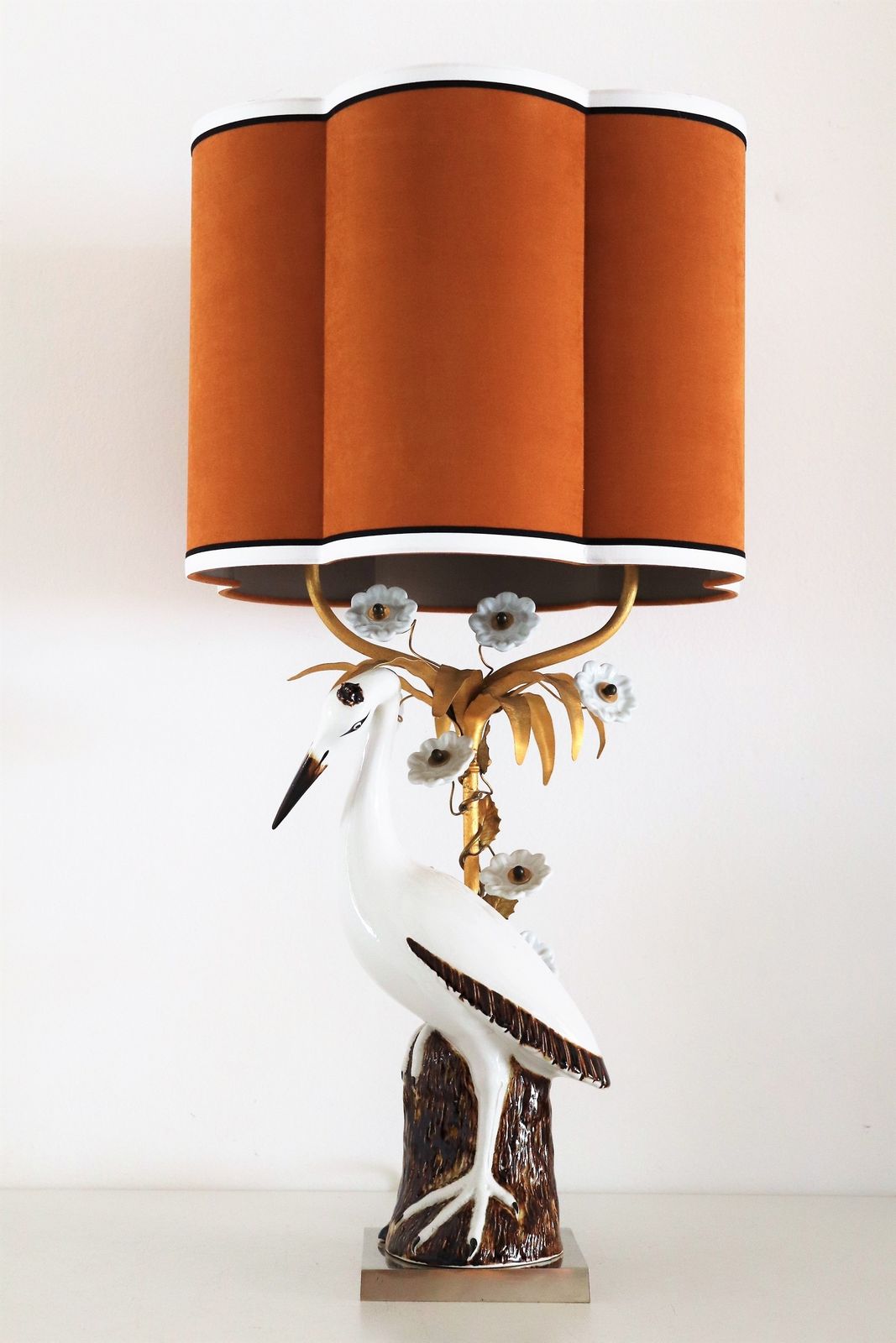 French Table Lamp With Porcelain Crane Or Heron And Flowers, 1970s