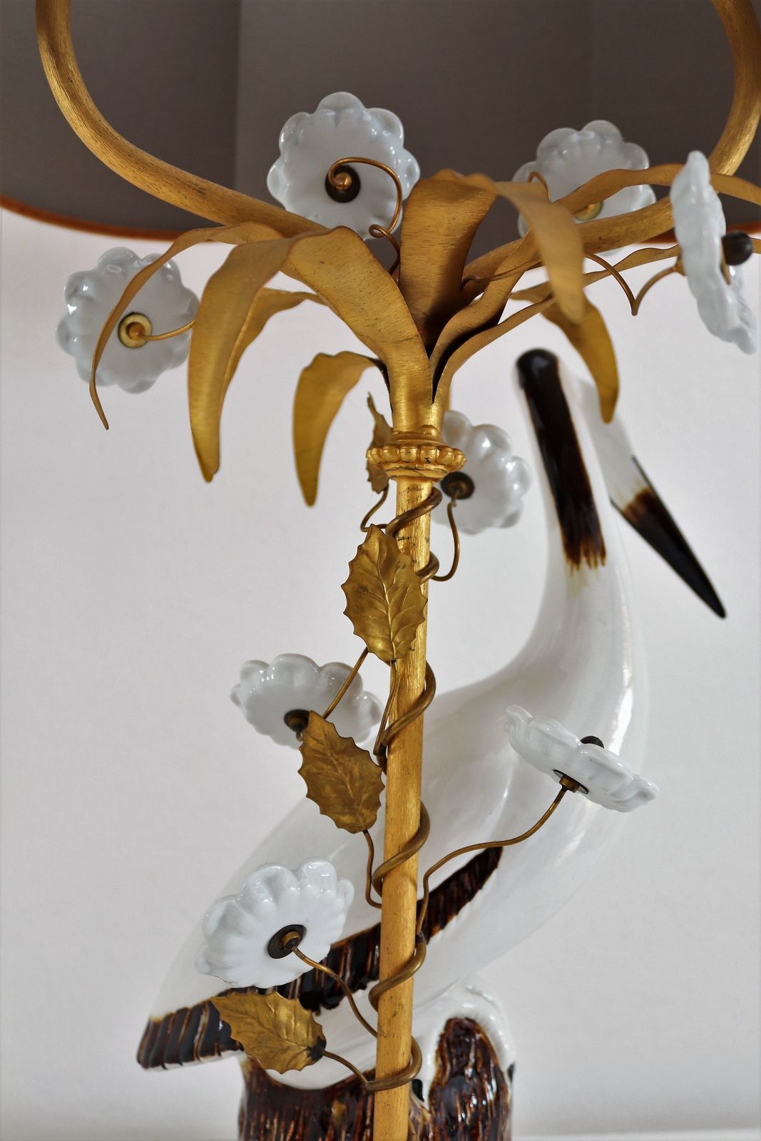 French Table Lamp With Porcelain Crane Or Heron And Flowers, 1970s photo for sale