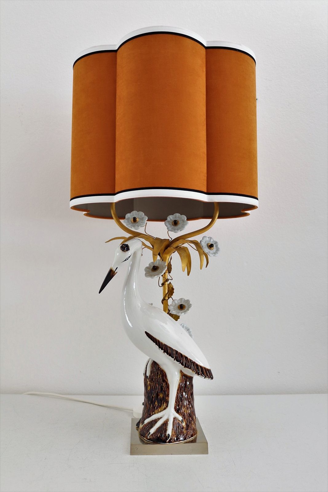 1711.2 French Table Lamp With Porcelain Crane Or Heron And Flowers, 1970s photo