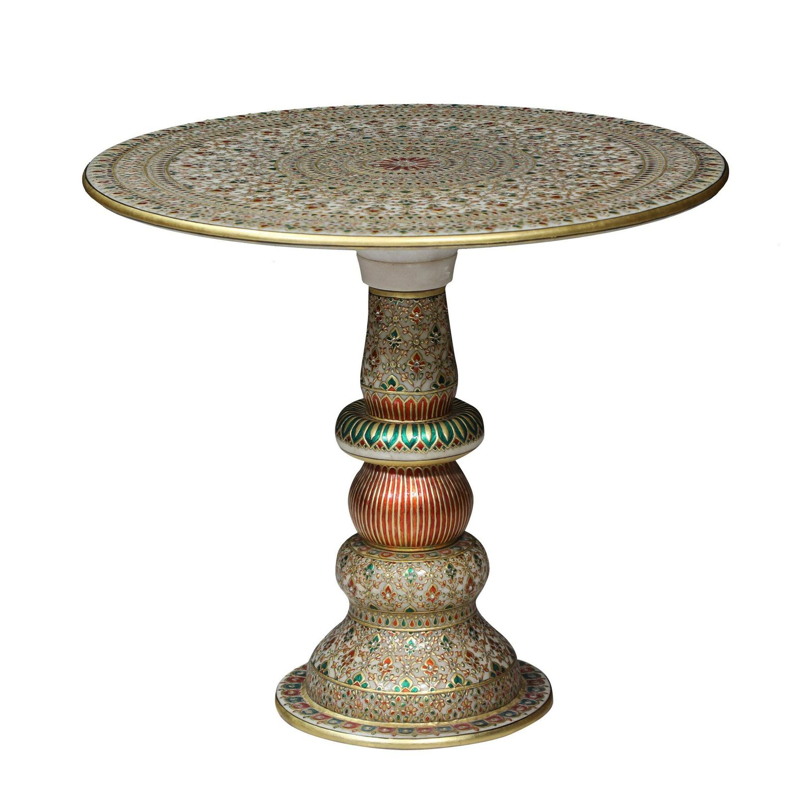 Vintage Indian Hand Painted Marble Coffee Table | Rajasthani Design With Gemstone Inlay | 1970s (Small Size)