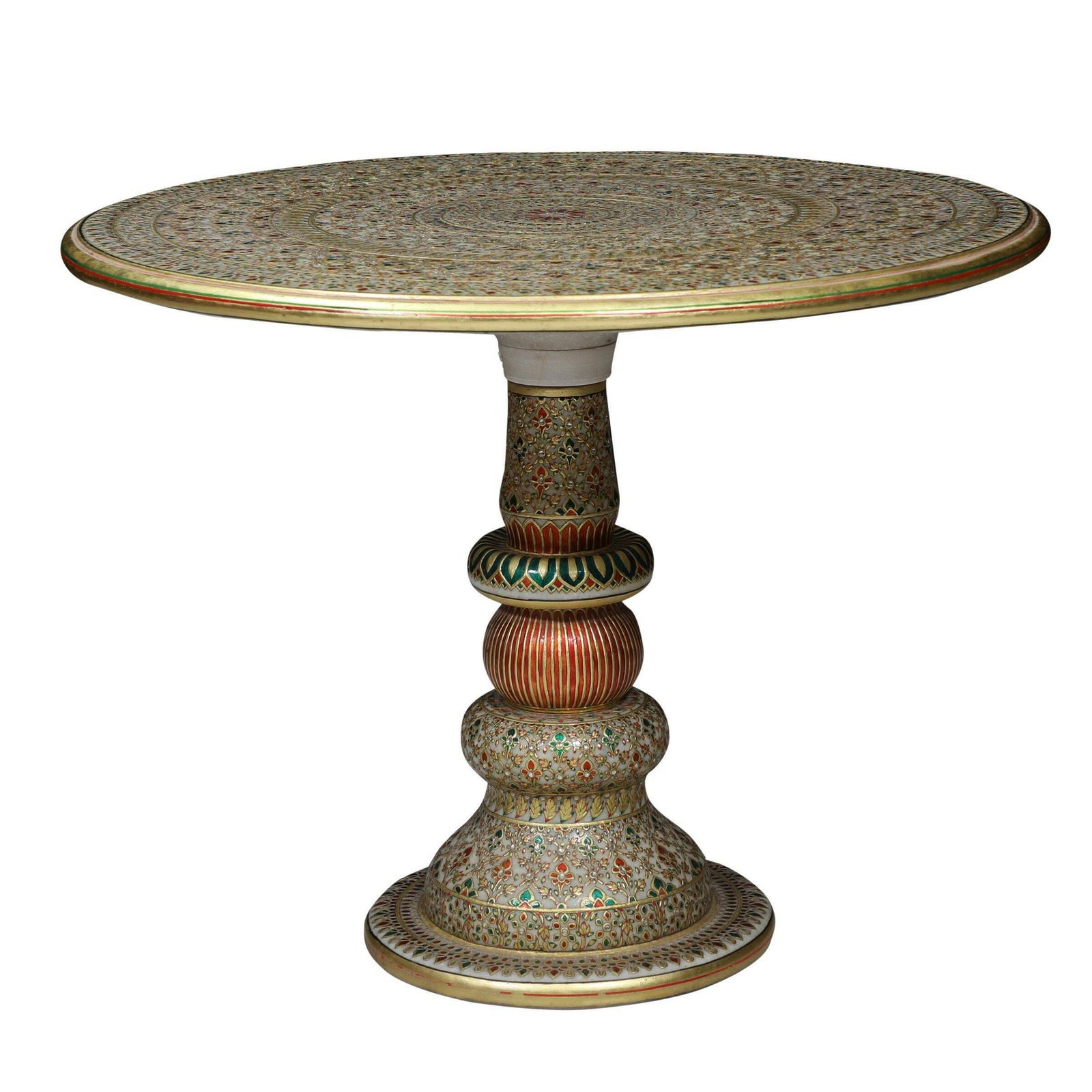 Vintage Indian Hand Painted Marble Coffee Table | Rajasthani Design With Gemstone Inlay | 1970s (Large Size)