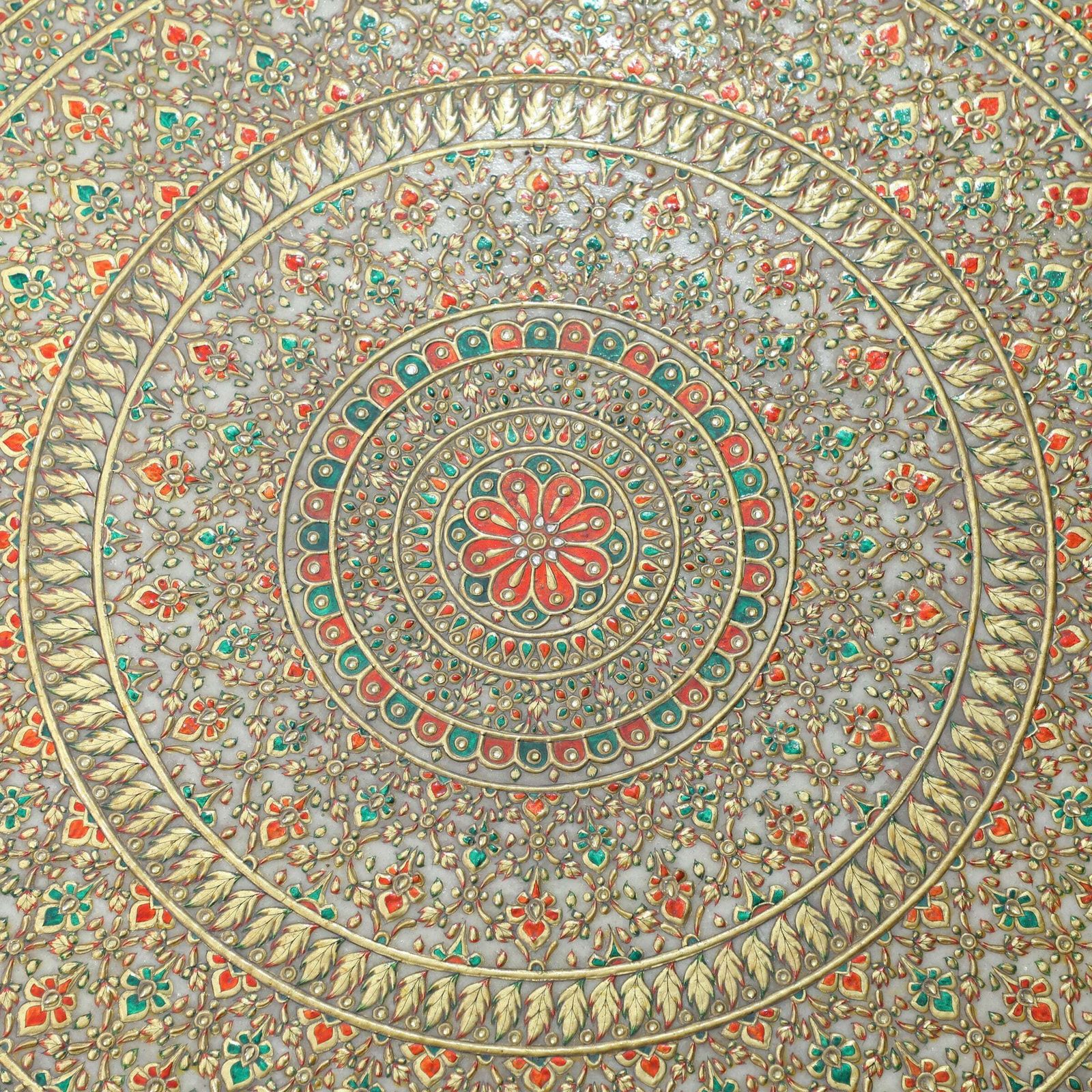 photo furniture Vintage Indian Hand Painted Marble Coffee Table | Rajasthani Design With Gemstone Inlay | 1970s (Large Size)