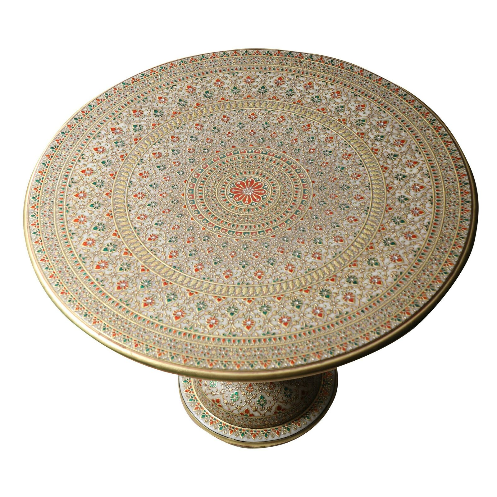 Vintage Hand Painted Marble Coffee Table | Rajasthani Design With Gemstone Inlay | 1970s (Medium Size) photo vinterior