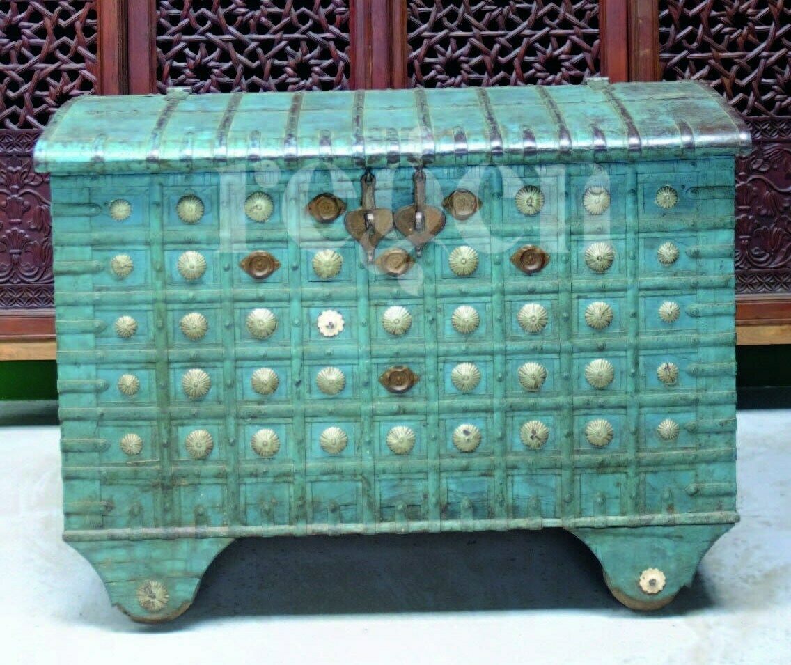 Antique 1800s Indian Teakwood Damchiya On Wheels – Hand Painted Blue Dowry Chest With Iron Strapwork photo for sale