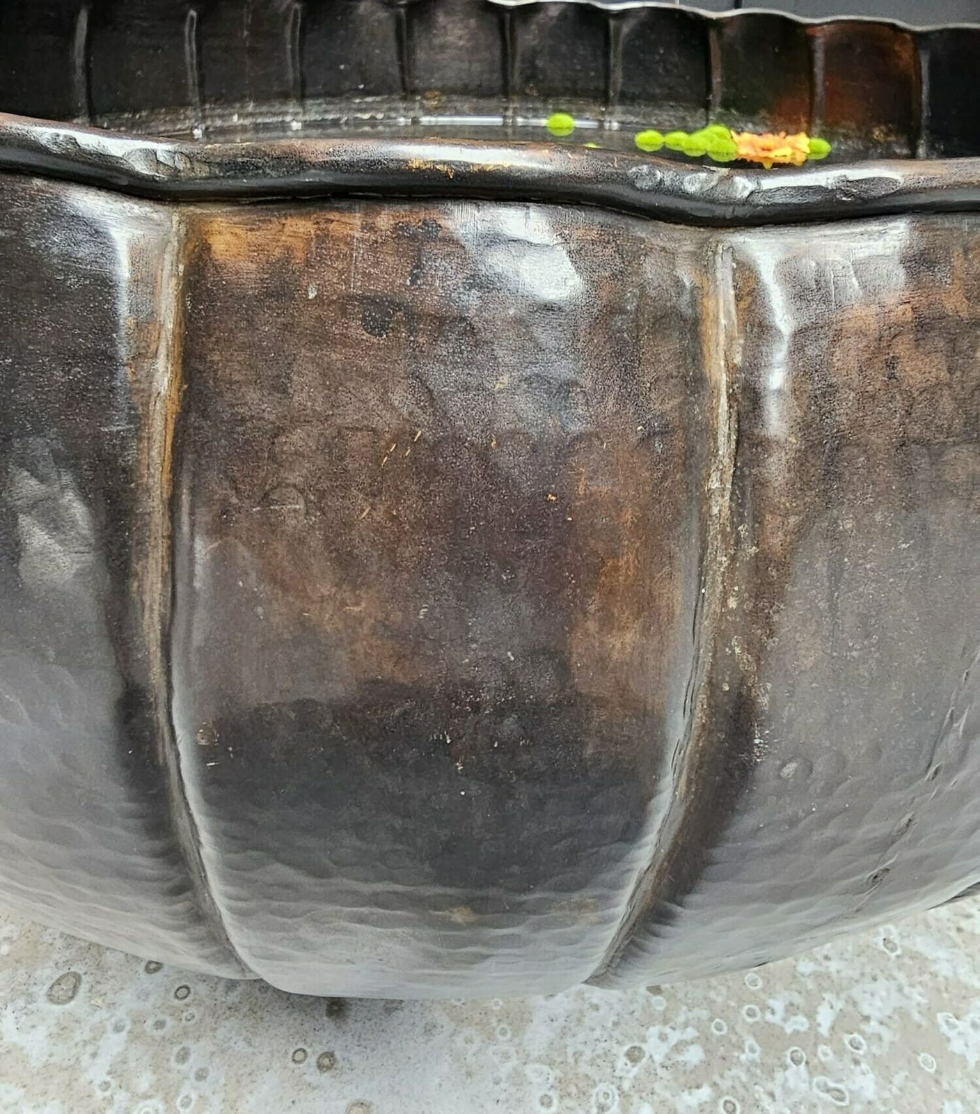 18th Century Lotus Urli Bowl – Antique Hand Hammered Brass Water Vessel From India | Large Decorative Ritual Piece photo furniture