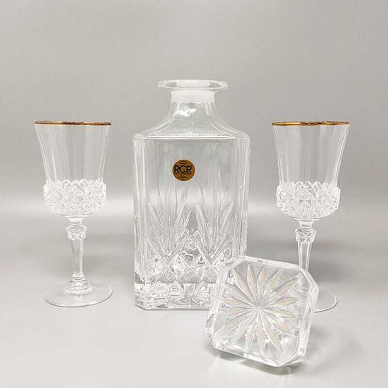1970s Gorgeous Crystal Decanter With 2 Crystal Glasses By Rcr. Made In Italy photo for sale
