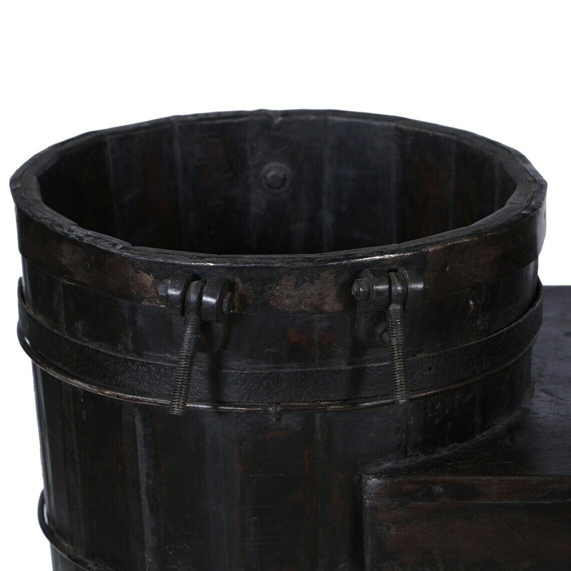 Antique Indian Ghara & Table (1960s Gujarat) – Handcrafted Teakwood With Integrated Water Vessel & Iron Detailing photo vinterior