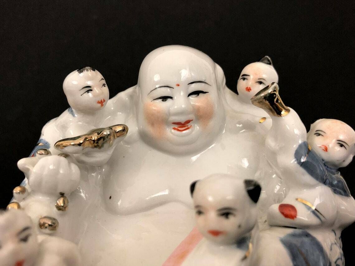 Chinese Porcelain Laughing Buddha With Children Statue photo furniture