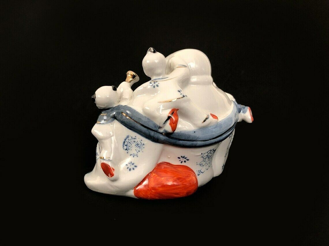 Chinese Porcelain Laughing Buddha With Children Statue photo vinterior