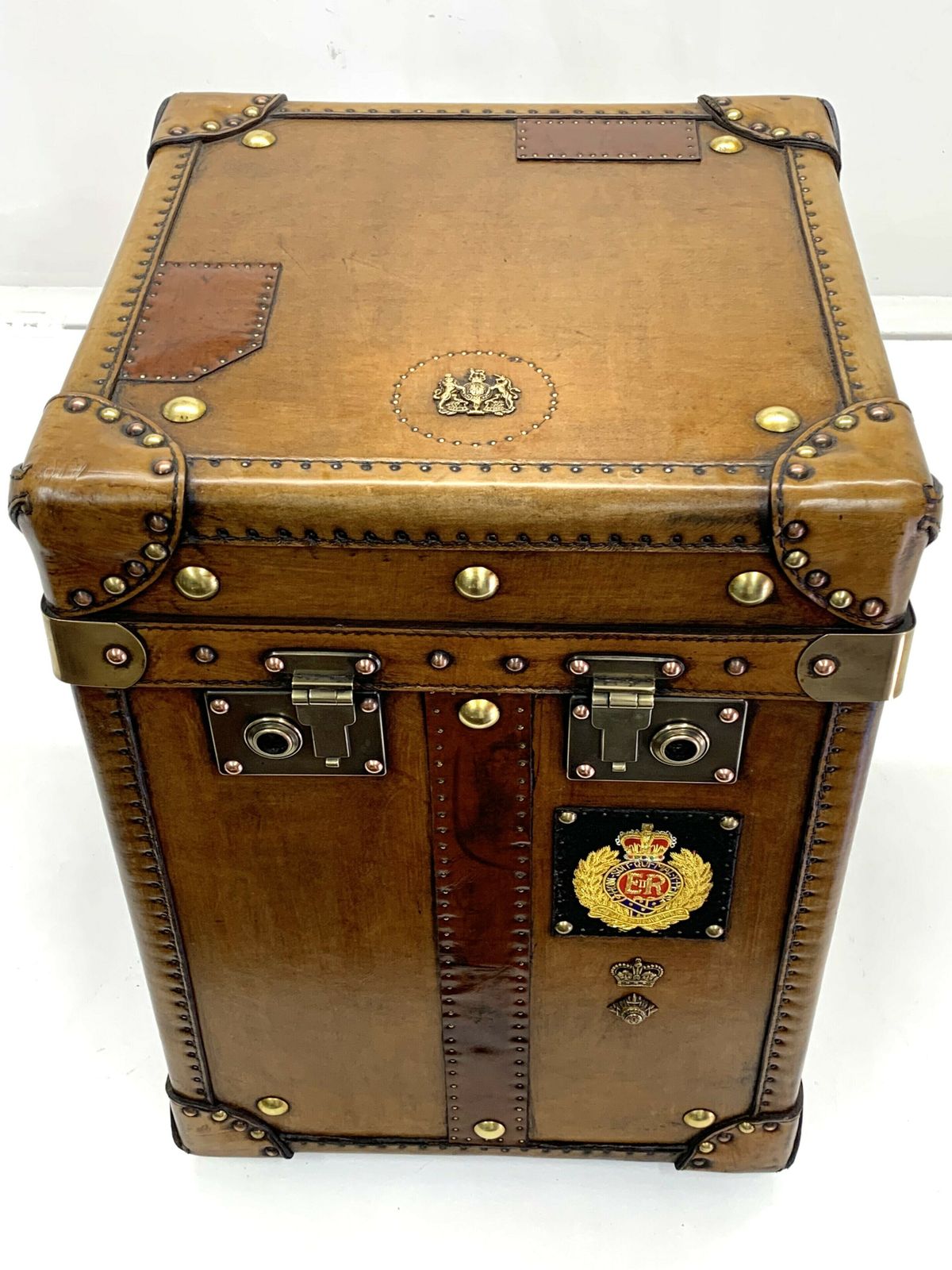 Vintage Style Trunk   Leather With 2 Brass Locks And Royal Coat Of Arms To The Top photo Furniture