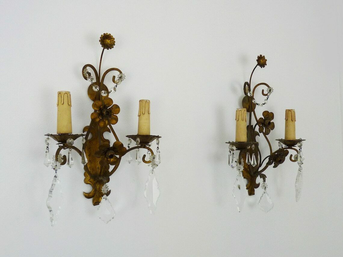 Magnificent Pair Of Vintage Italian Wall Lights In Gilded Metal, Glass Pendants. photo for sale