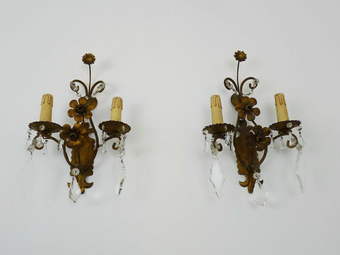 Magnificent Pair Of Vintage Italian Wall Lights In Gilded Metal, Glass Pendants. photo 268.32