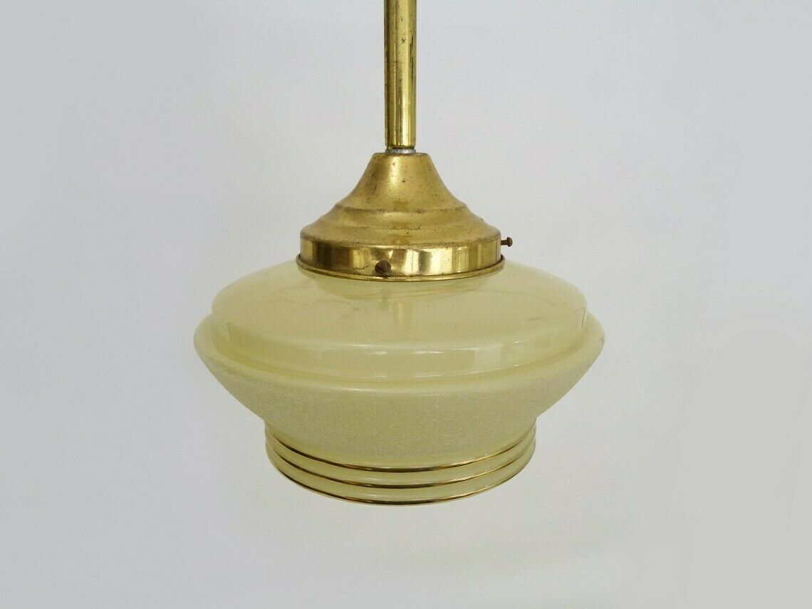 Suspension globe jaune granité, liseré doré, ancien abat-jour Art déco photo 159.12