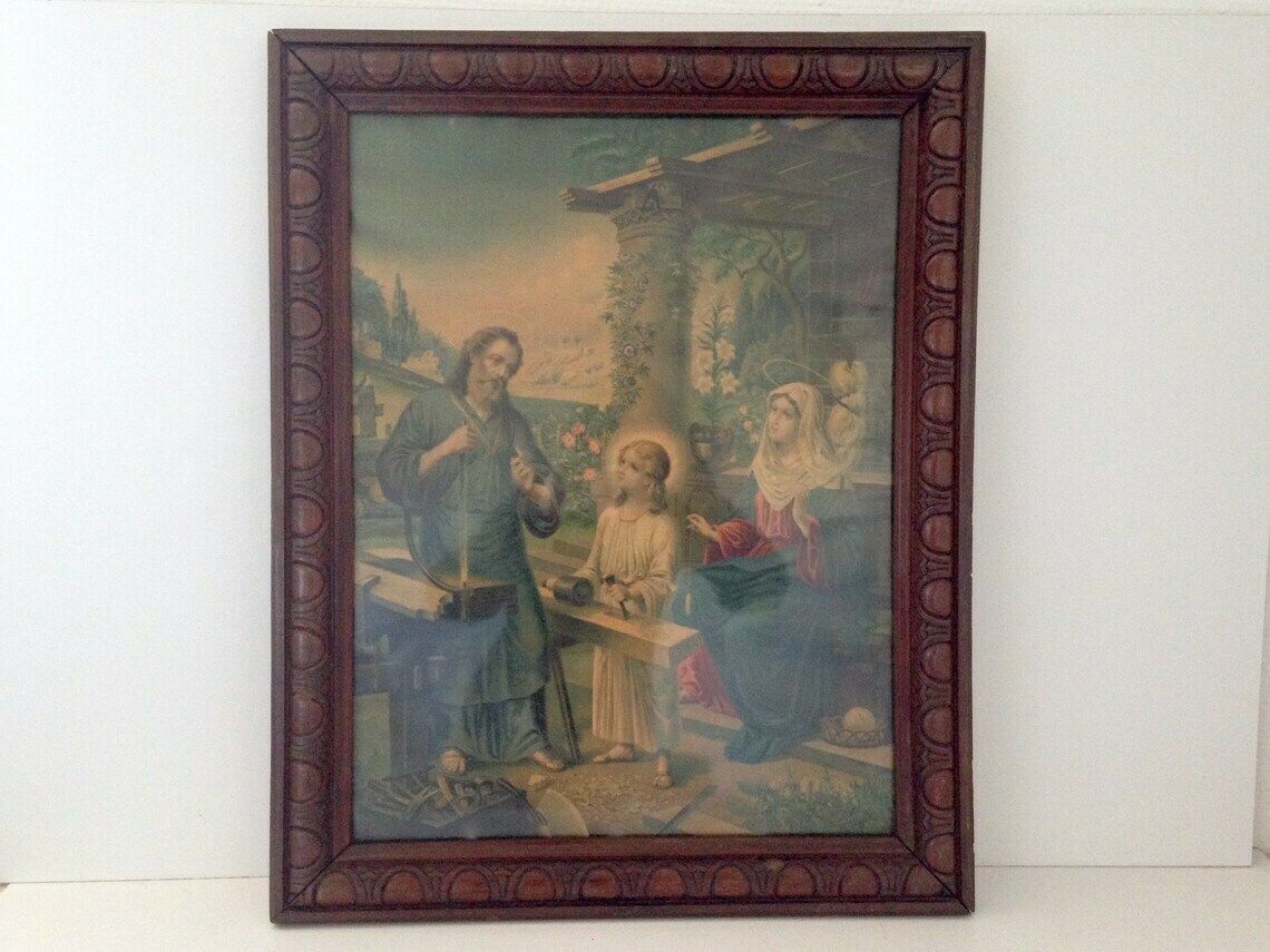 Great And Beautiful Engraving Lithography, Under Glass In Its Wooden Frame, Of The Holy Family Jesus, Mary, Joseph. Nineteenth Century
