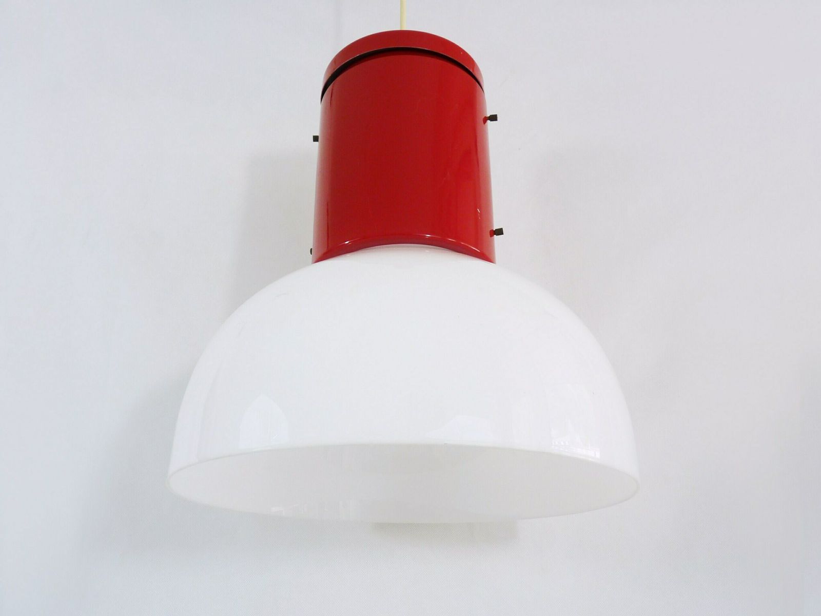 Reserved Lee Vintage Industrial Pendant Light In Red Metal And White Plastic Lampshade. photo Lighting