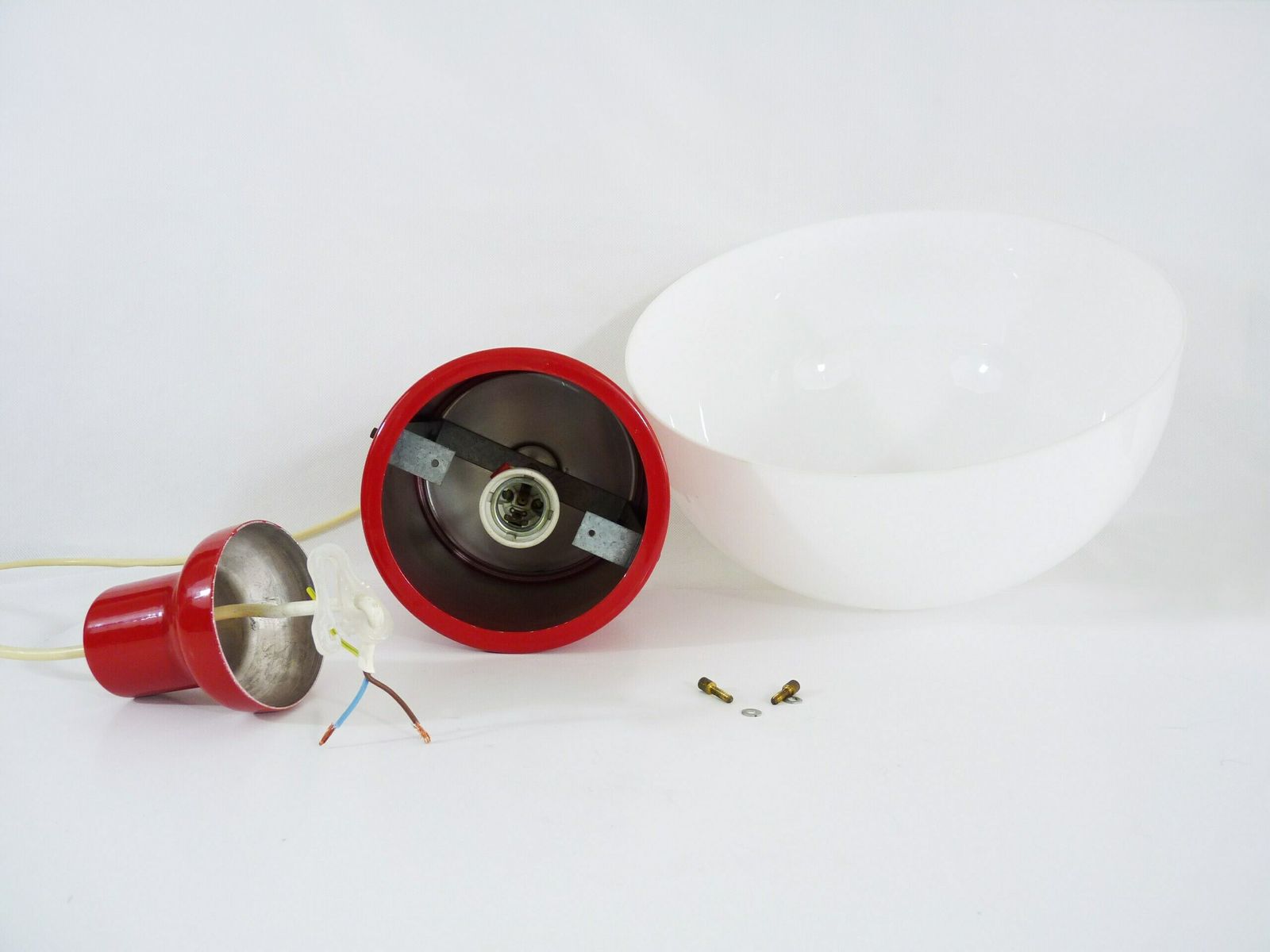 photo furniture Reserved Lee Vintage Industrial Pendant Light In Red Metal And White Plastic Lampshade.