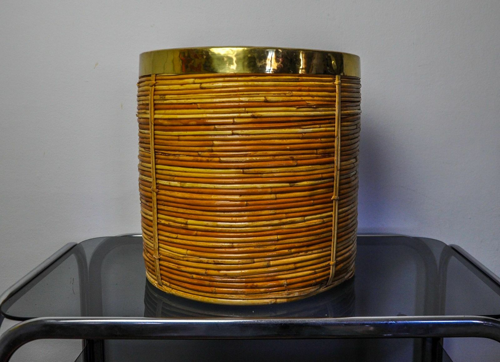 Xl Basket In Rattan And Brass, Italy, 1970 photo for sale