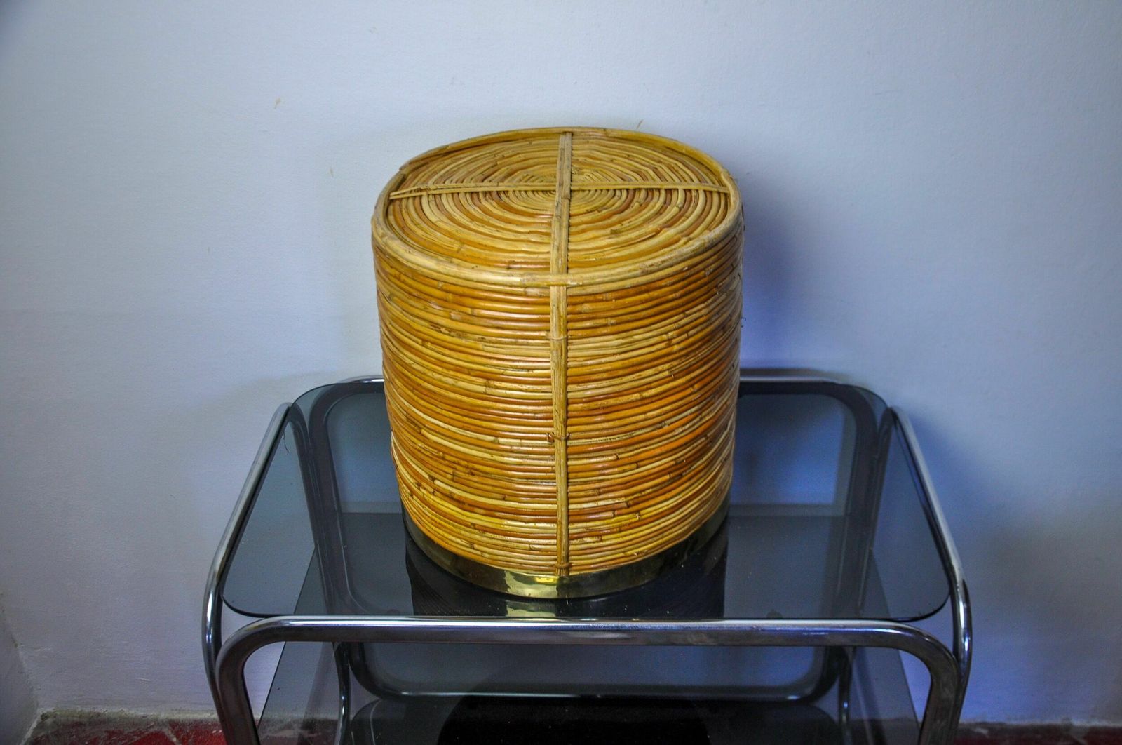 Xl Basket In Rattan And Brass, Italy, 1970 photo vintage